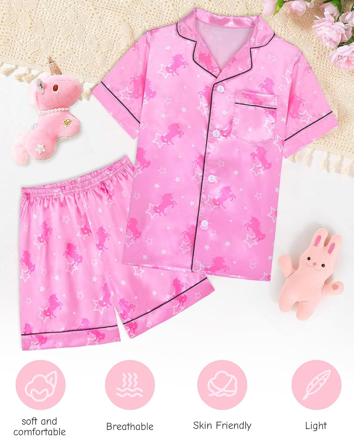 Sylfairy Kids Girls Pajama Set Silky PJS Button-Down Sleepwear Nightwear Loungewear Clothes Set Gifts