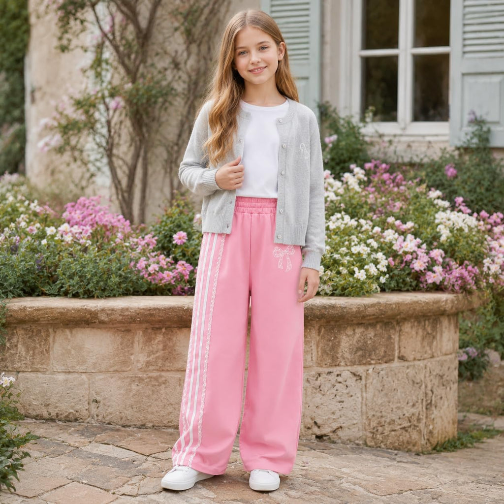 2 Pack Girls Wide Leg Sweatpants Bow Print Side Stripe Baggy Track Pants