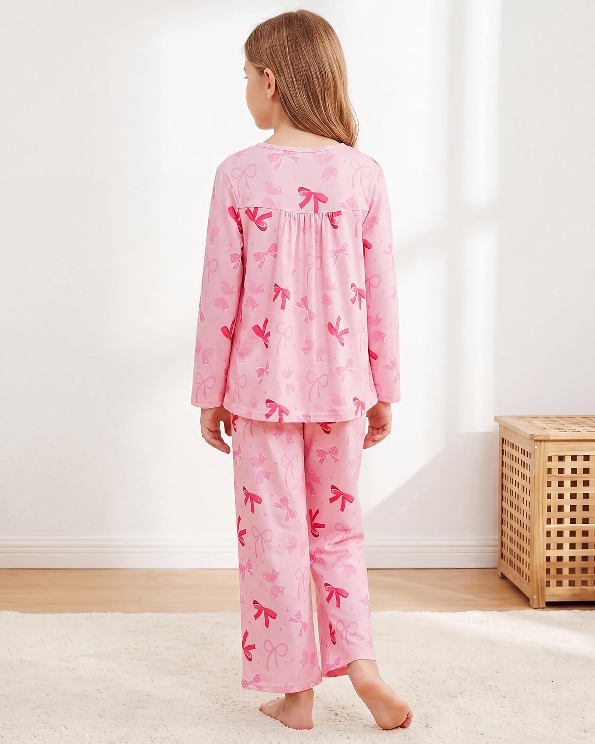 CARETOO Girls Pajamas Button Long Sleeve 2 Piece Pajama Set with Pants Printed Kids Sleepwear PJs for Girls 5-14 Years