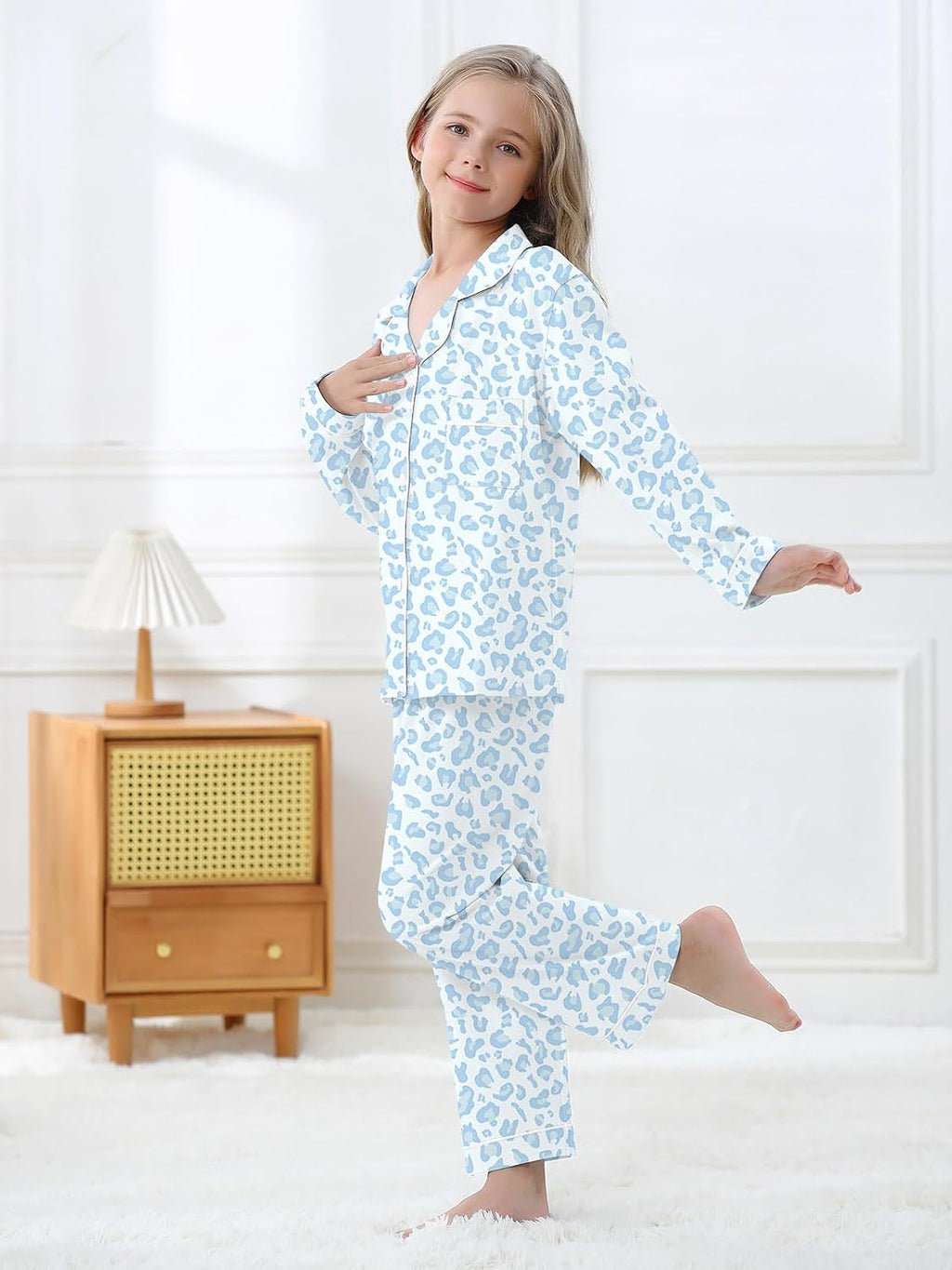 Schbbbta Girls Women Cotton Pajama Set, 2Pcs Soft Stretch Button Down Pjs Long Sleeve Sleepwear, 5 Years-Large