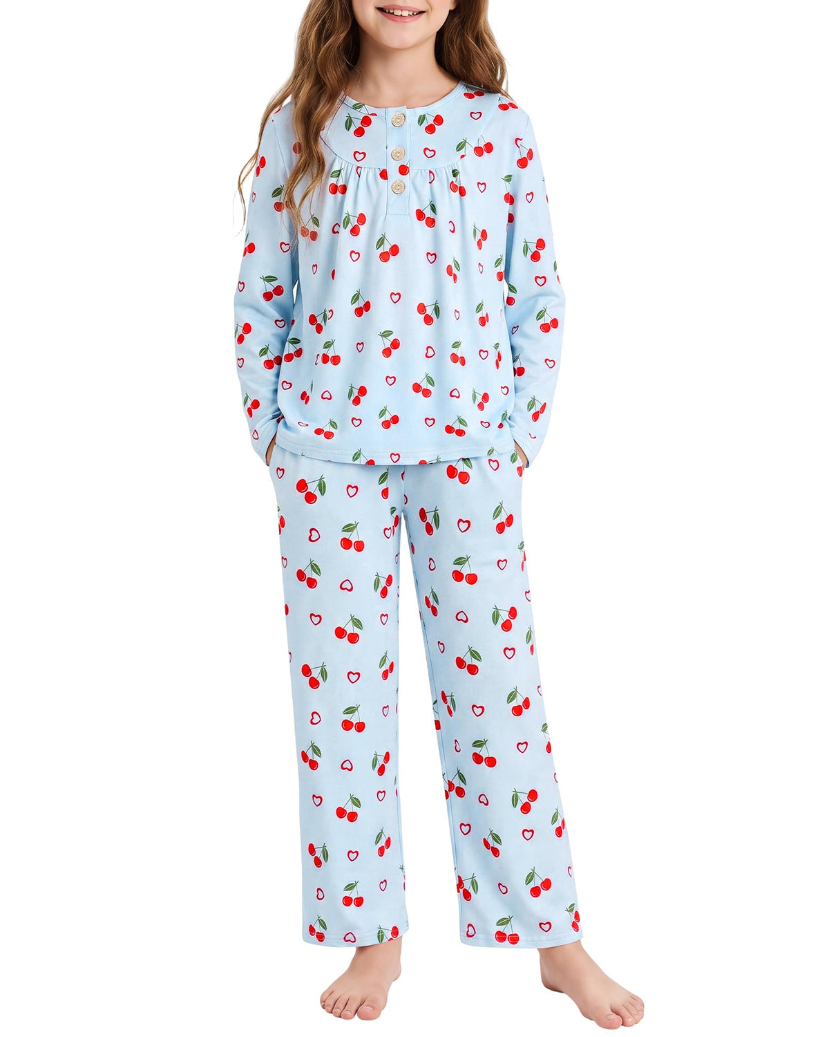 CARETOO Girls Pajamas Button Long Sleeve 2 Piece Pajama Set with Pants Printed Kids Sleepwear PJs for Girls 5-14 Years