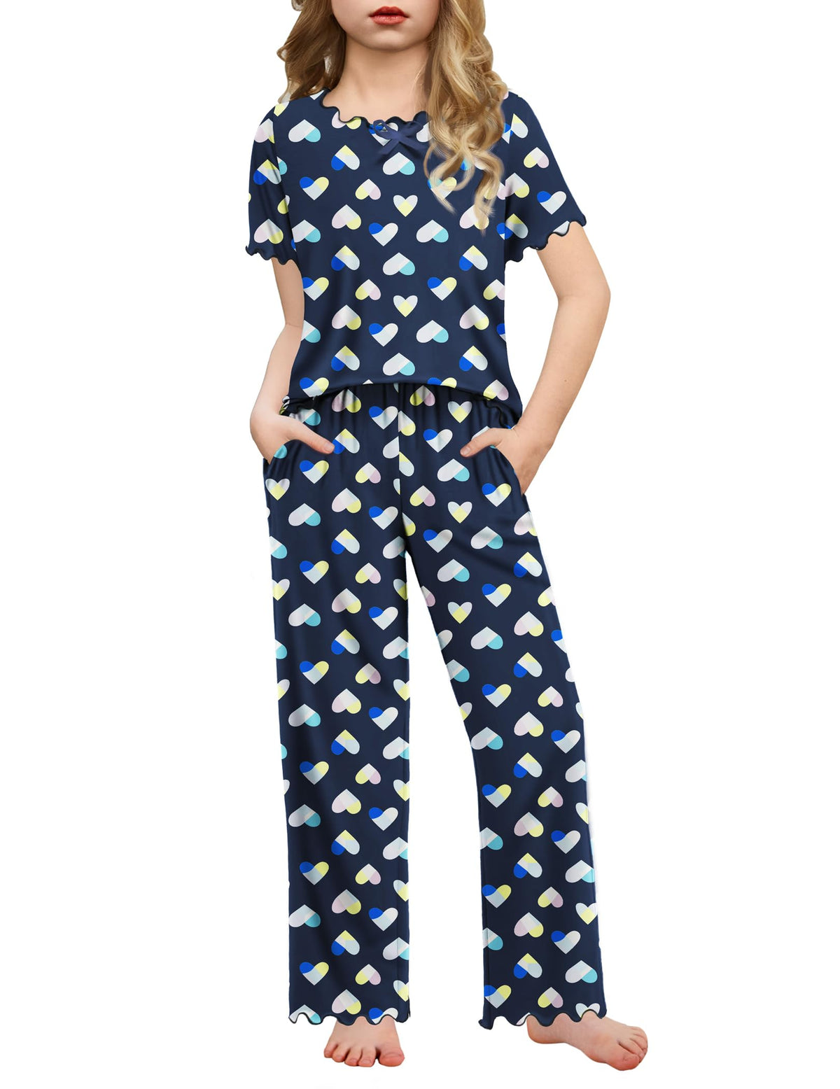 Arshiner Girls Pajamas Short Sleeve Long Pant Sleepwear Soft Shirring Pjs