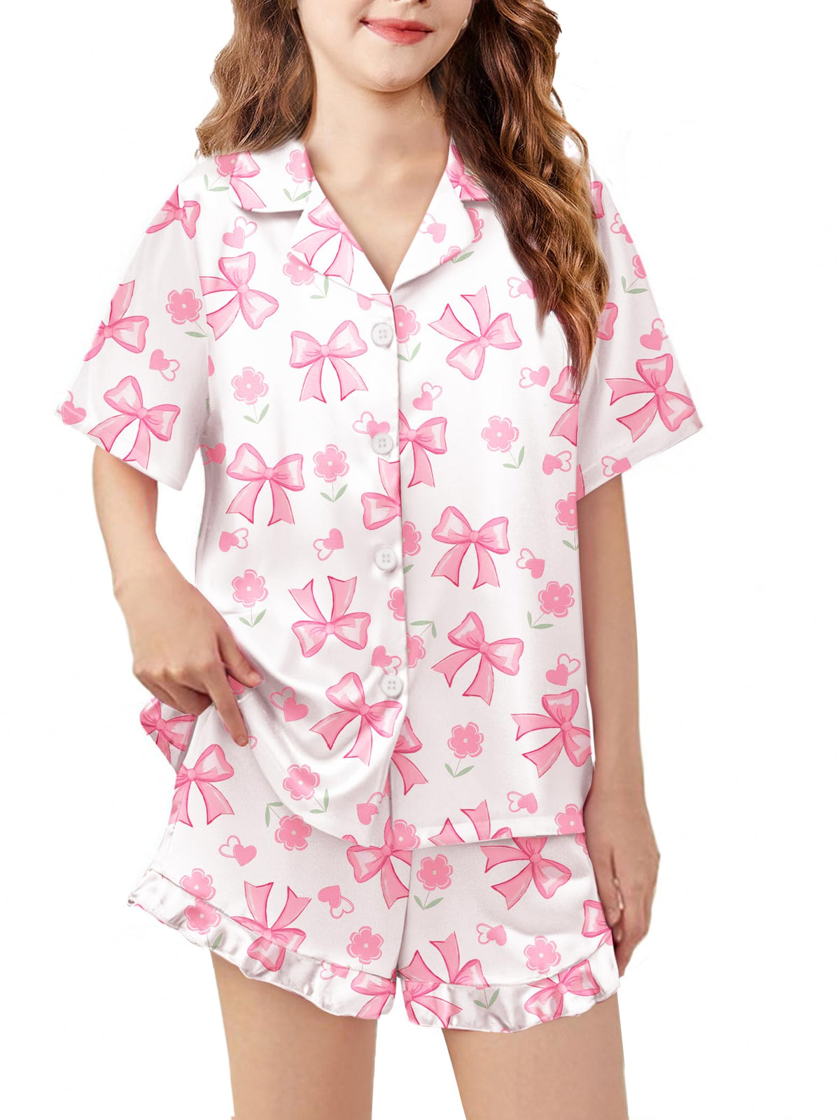 Arshiner Girls Pajamas Satin Pajama Set Silky Button Pjs Ruffle Sleepwear