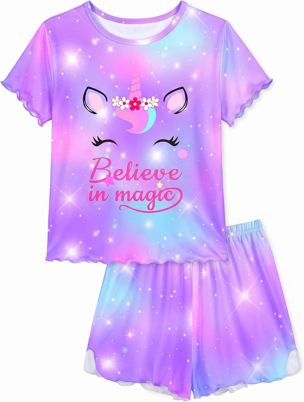 MHJY Girls Pajama Set 2 Piece Ruffled Short Sleeve Summer Sleepwear