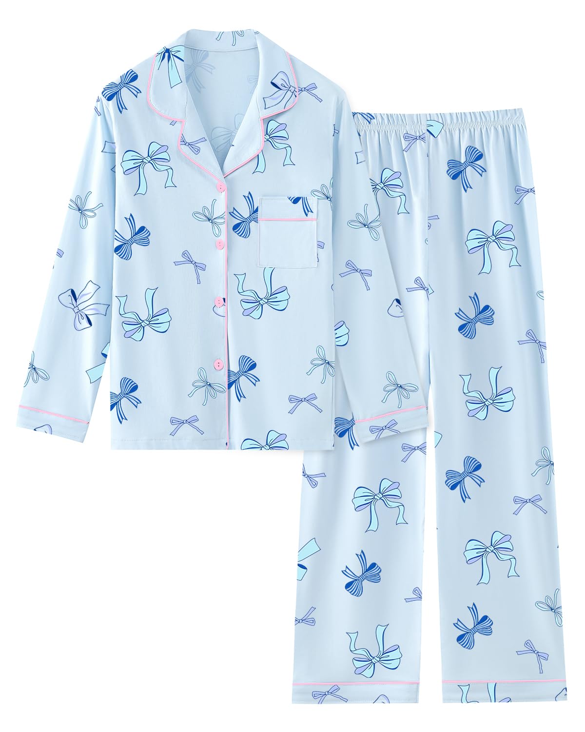 Schbbbta Girls Women Cotton Pajama Set, 2Pcs Soft Stretch Button Down Pjs Long Sleeve Sleepwear, 5 Years-Large