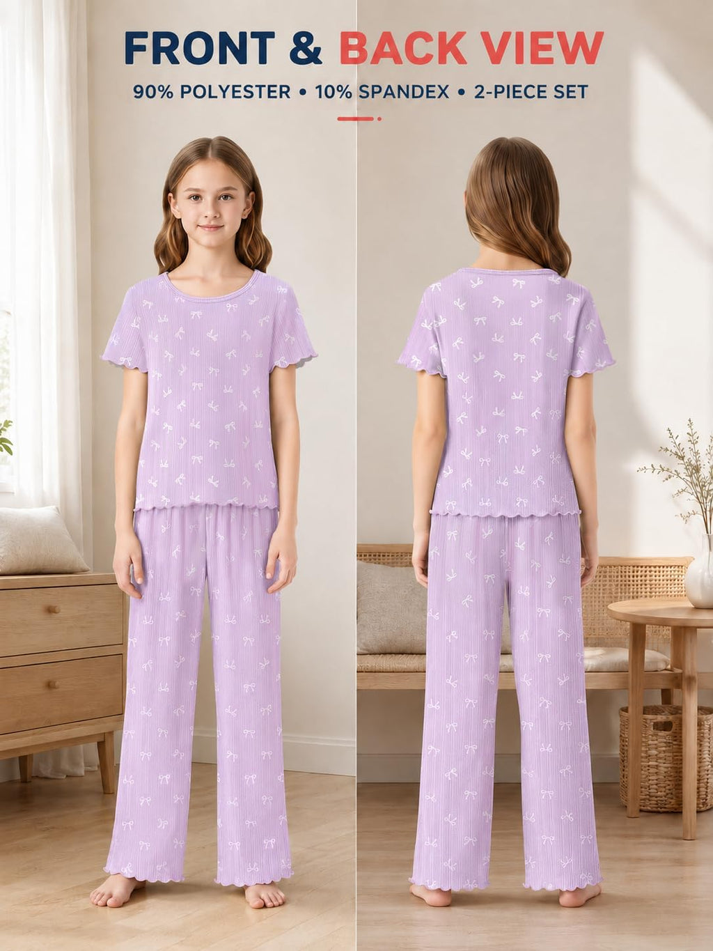 Beezizac Girls Pointelle Knit Pajamass, Flared Wide-Leg Pants, Sizes 6-18