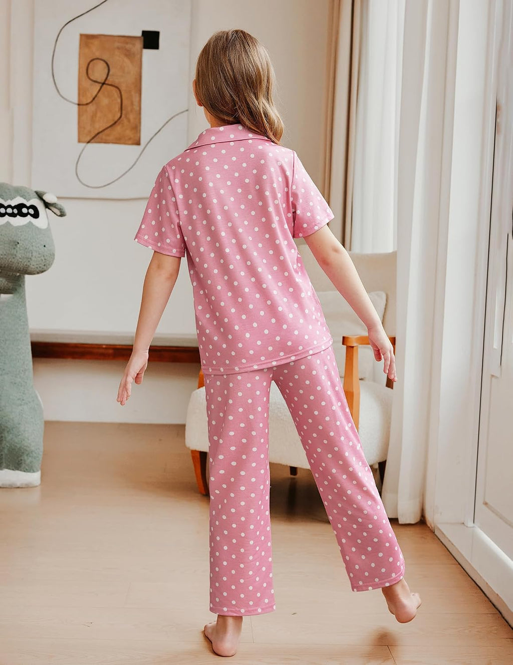 Arshiner Pajamas for Girls Short Sleeve Long Pants Sleepwear Button Pjs Set