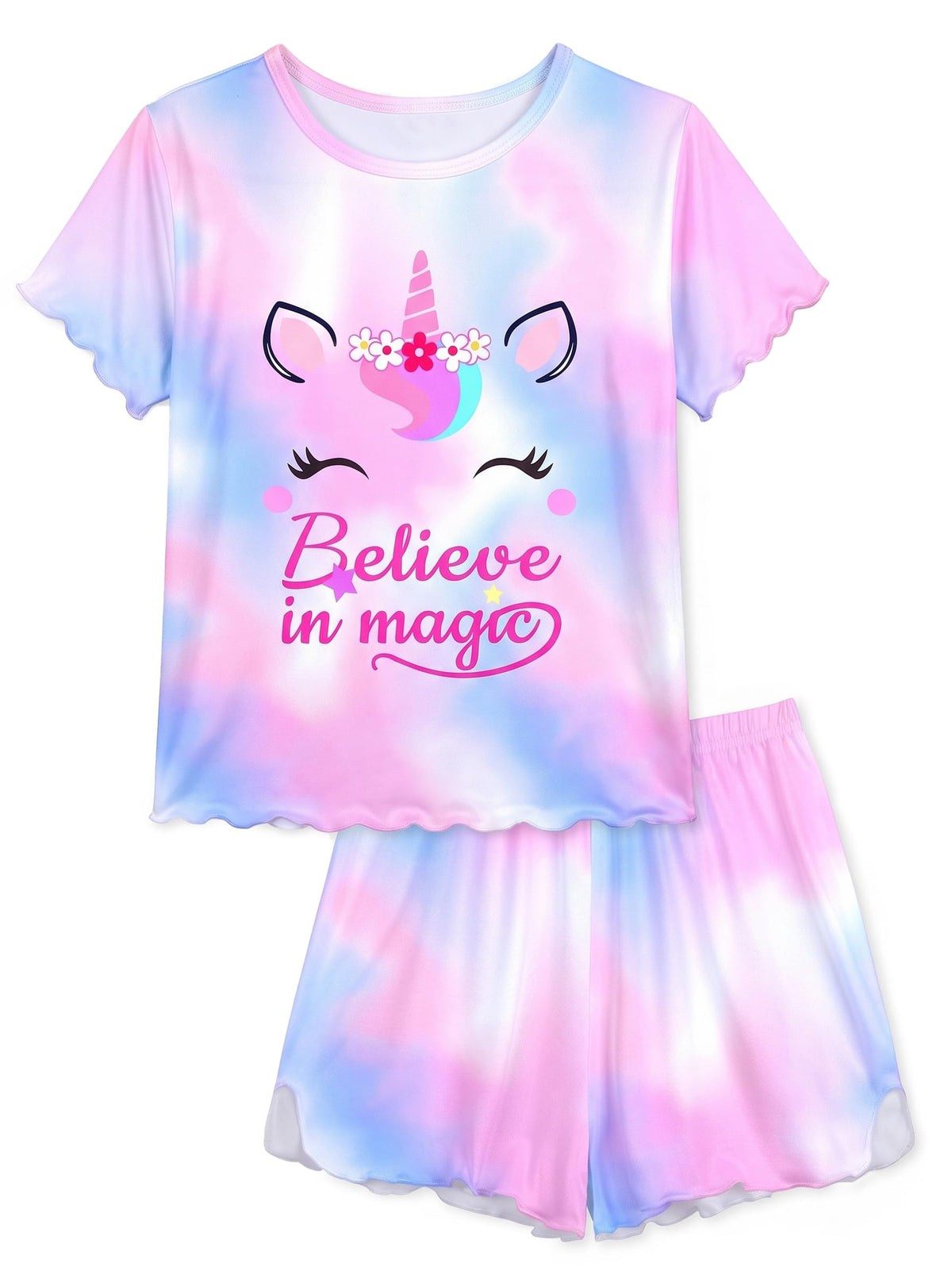 MHJY Girls Pajama Set 2 Piece Ruffled Short Sleeve Summer Sleepwear