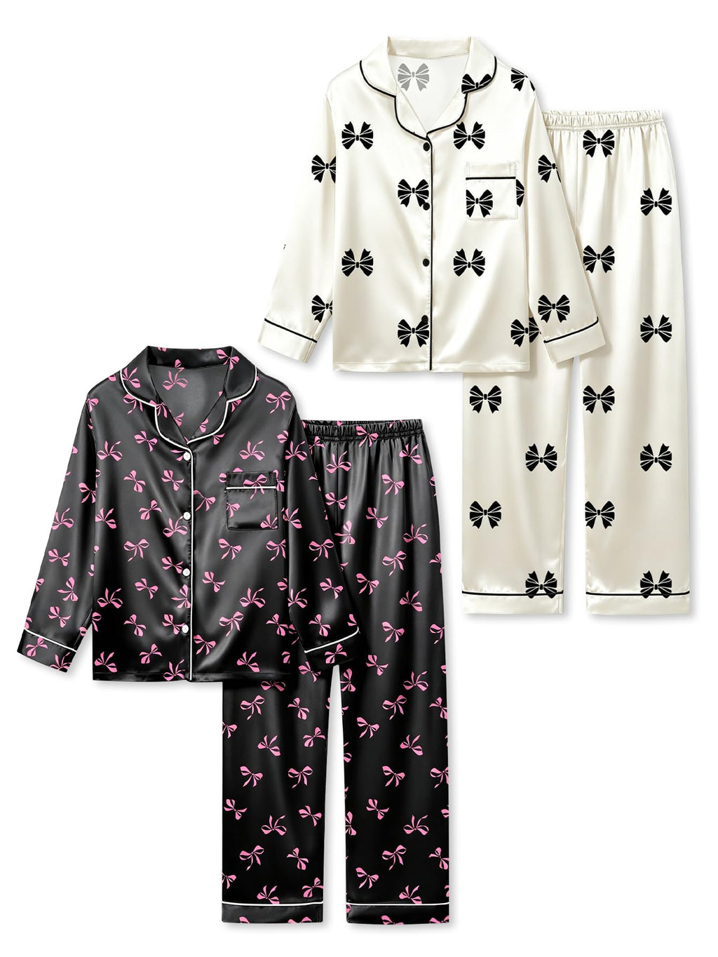 Satin Pajamas for Girls, 4-Piece Long Sleeve Silky Button Down PJ Set