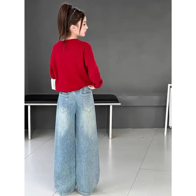 Girls Hot Diamond Jeans Spring 2026 New Big Children Loose Wide-leg Pants Trousers Foreign Style Spring and Autumn Casual Pants