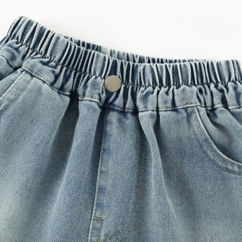 Girls' Star Distressed Denim Shorts, Cute Raw Hem Jean Shorts with Star Embroidery, Elastic High Waist Kids' Wide Leg Shorts for 4-16 Years, Summer Fashion