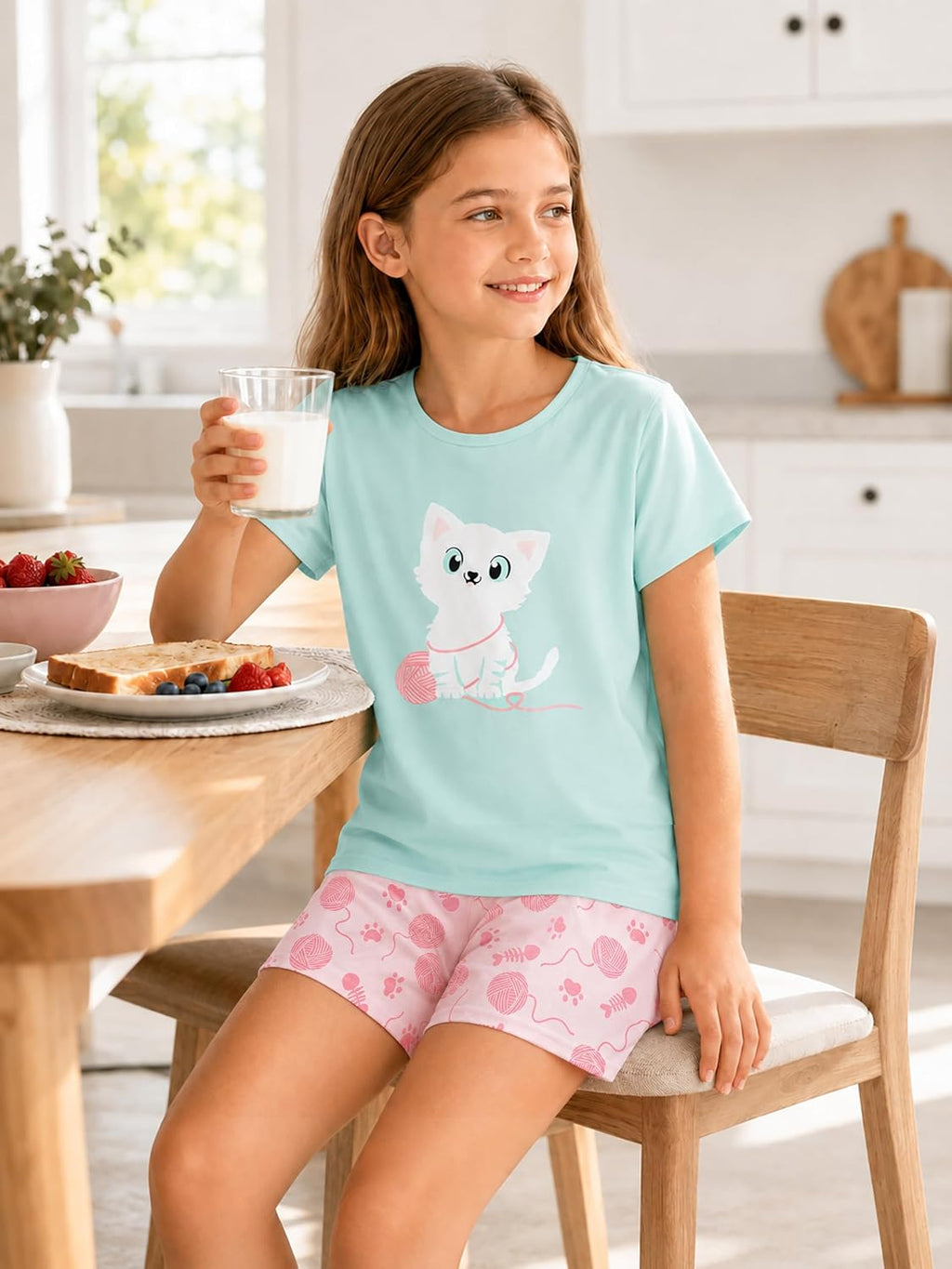 Beezizac Girls Cotton Blend Pajamas Cute Print Short Sleeve Set 4T-18