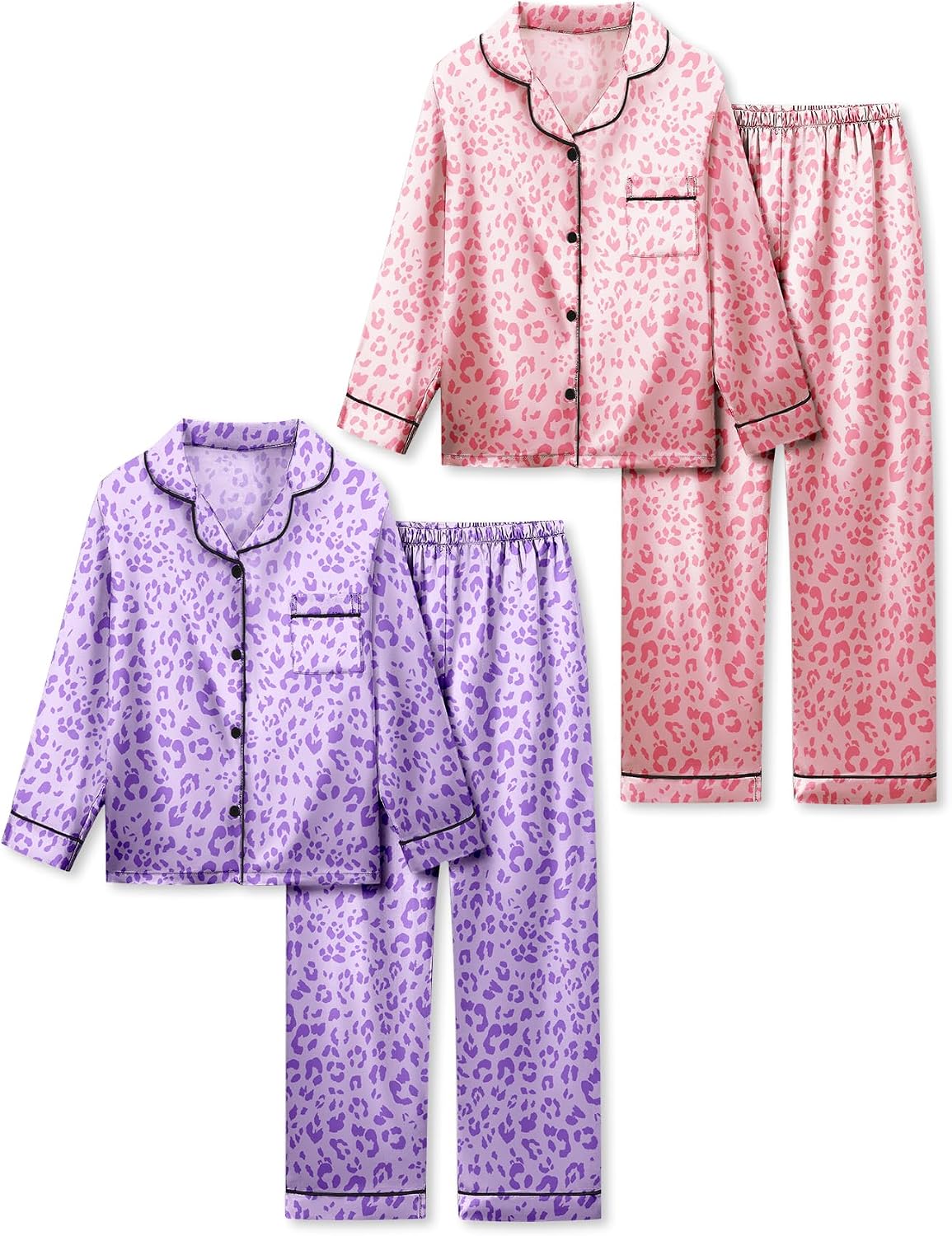 Satin Pajamas for Girls, 4-Piece Long Sleeve Silky Button Down PJ Set