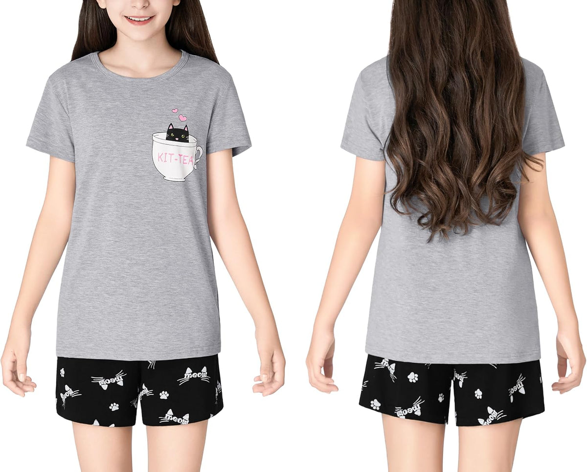 Tebbis Girls Modal Summer Pajama Set Cute Printed Short Sleeves Sizes 6-18