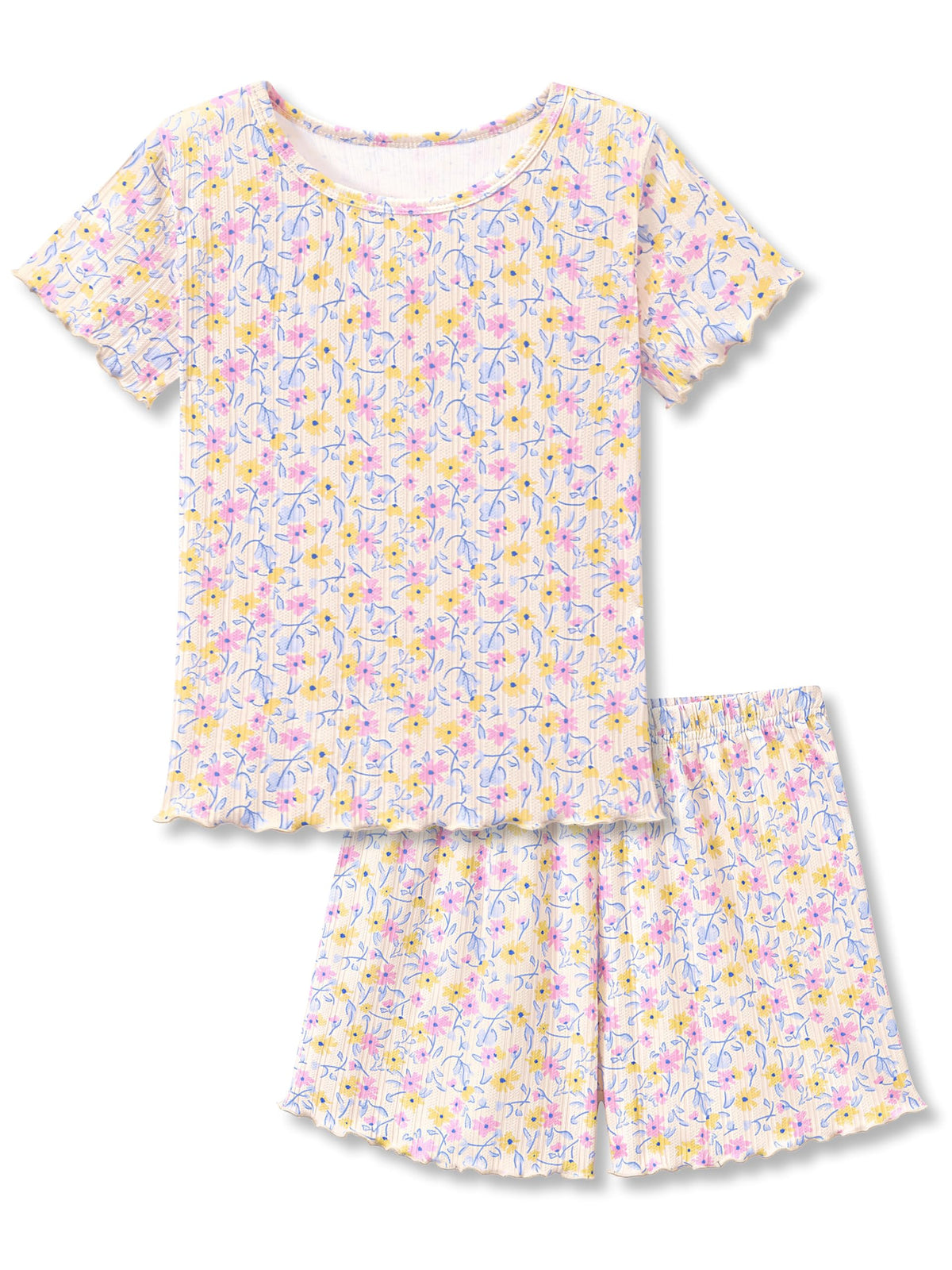 Beezizac Girls Pointelle Pajama Floral Print Short Sleeve Set Sizes 6-18