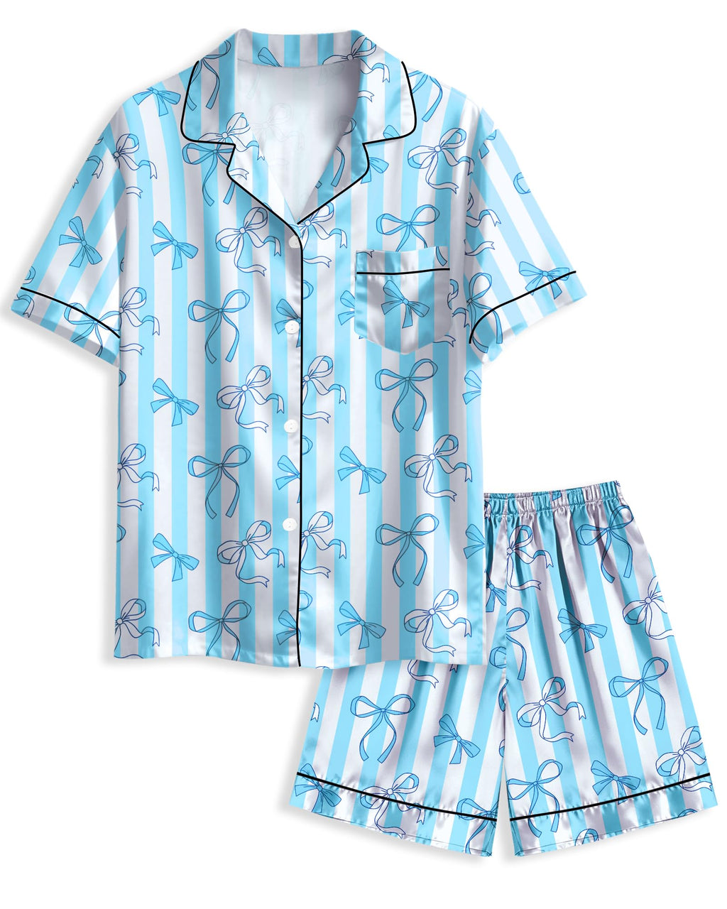 Girls Pajamas Satin Pajama Set Silk Pjs Short Sleeve Button Down Summer Bow Sleepwear for Big Kids 7-14Y