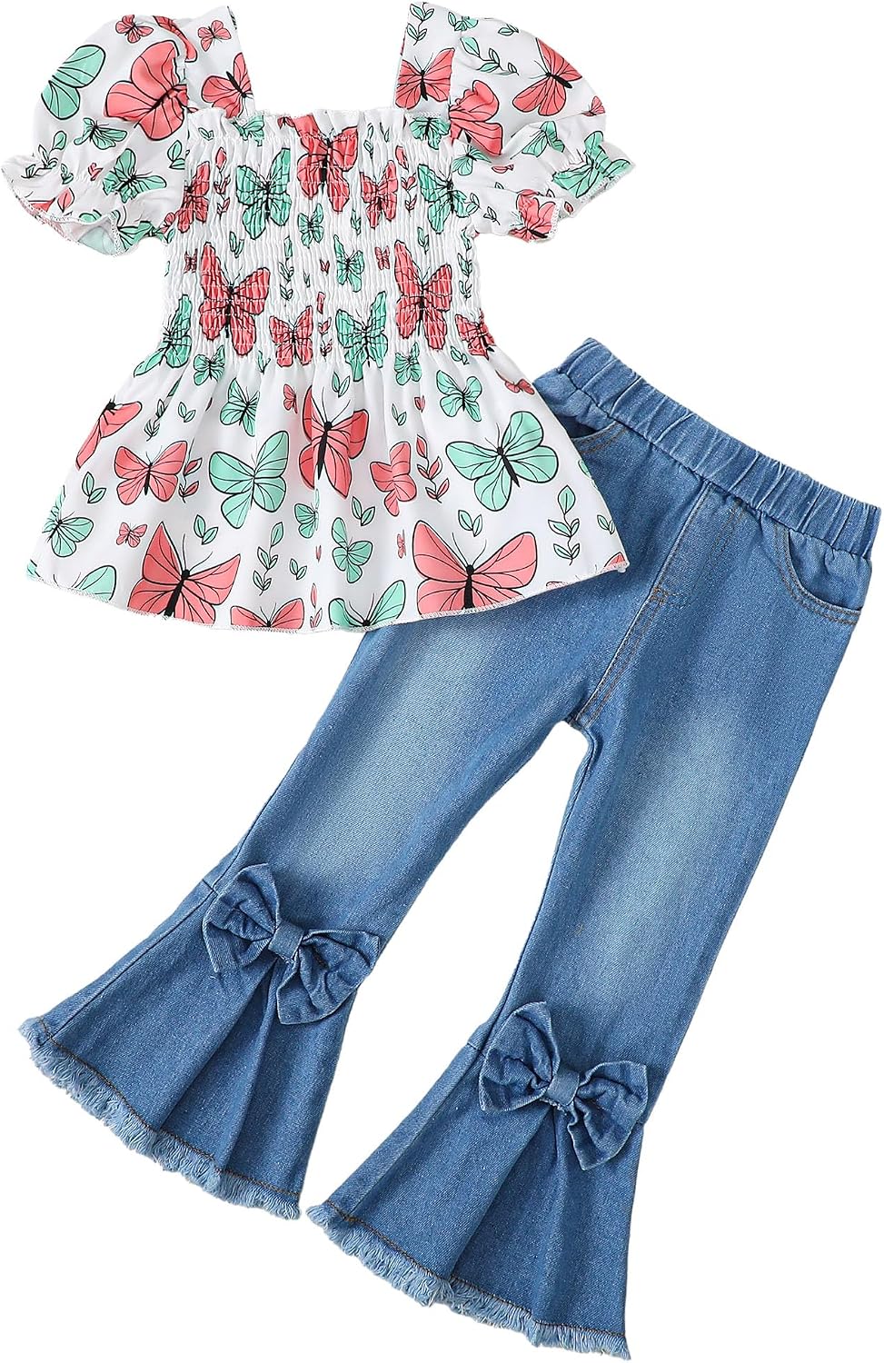Kucnuzki Girls Clothes 2 Piece Outfits Denim Flare Jeans Short Sleeve Top