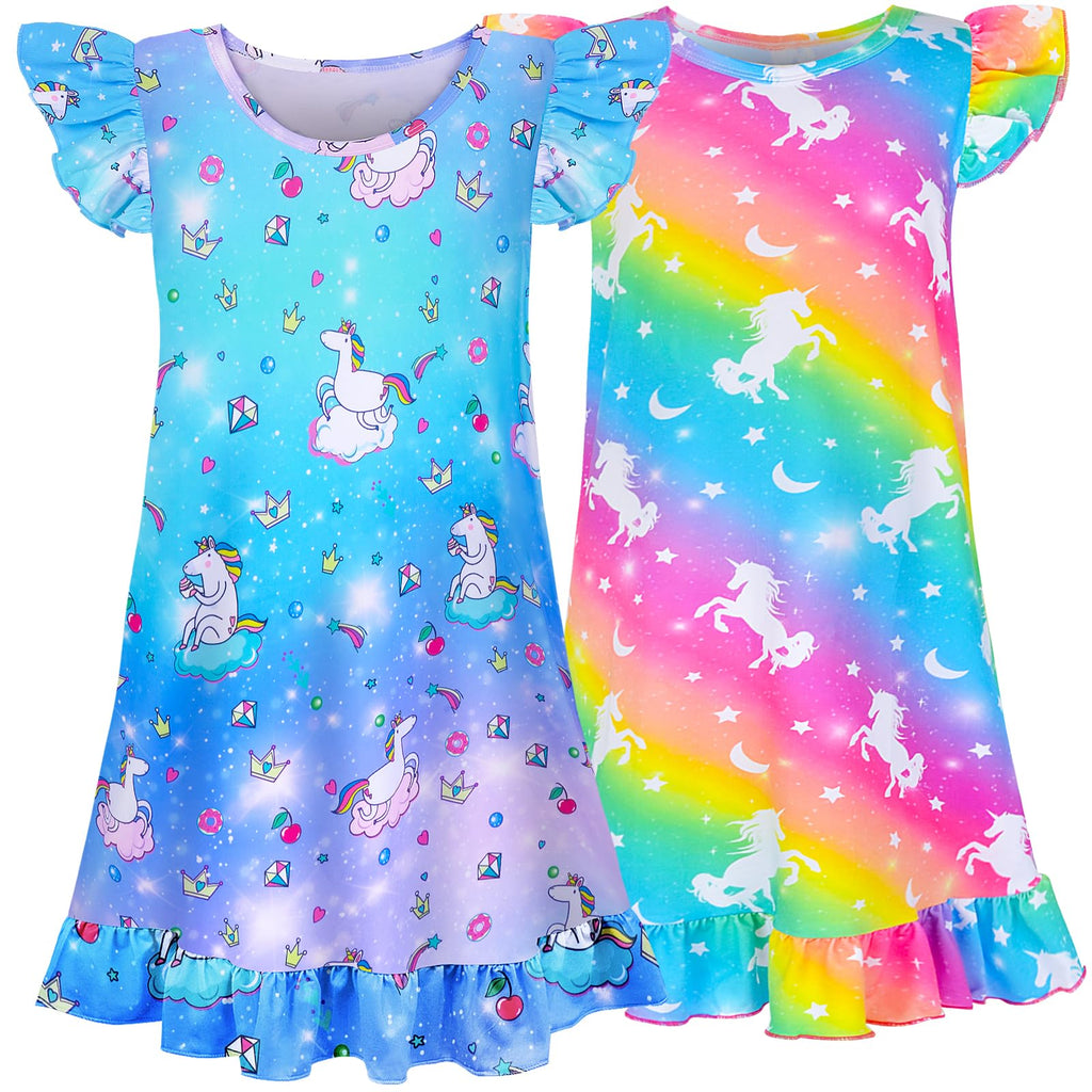 Sylfairy 2pcs Girls Nightgowns, Unicorn Nightgown Princess Pajama Dresses for Girls Sleepwear Nightie