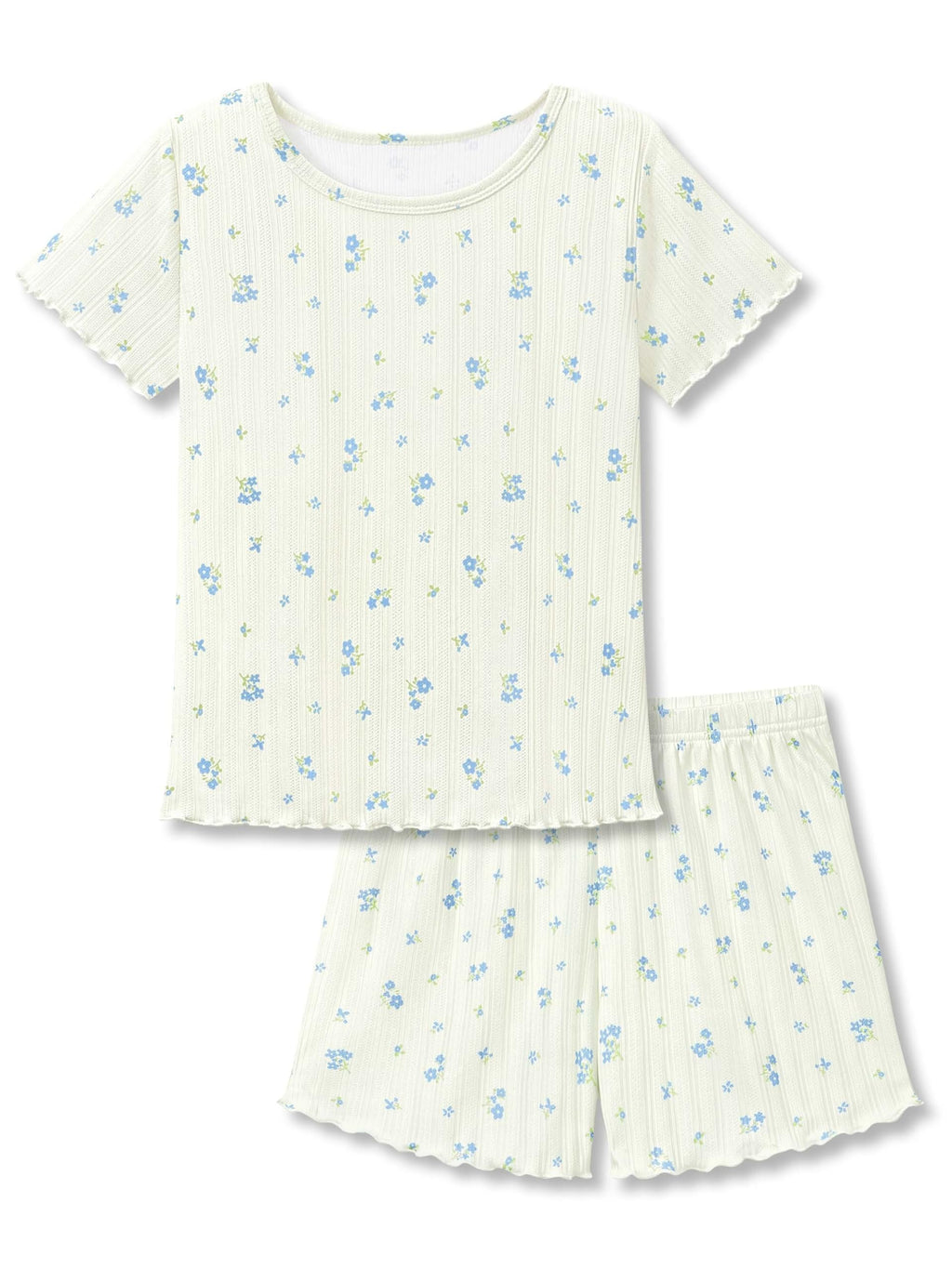 Beezizac Girls Pointelle Pajama Floral Print Short Sleeve Set Sizes 6-18