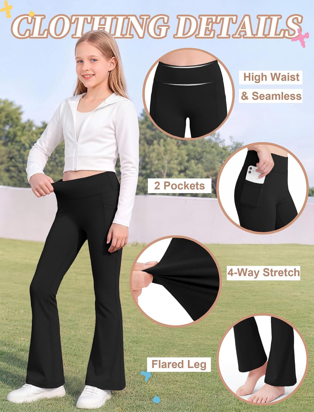 COPYLEAF Girls Flared Leggings with Pockets High Waisted Yoga Pants Fashion