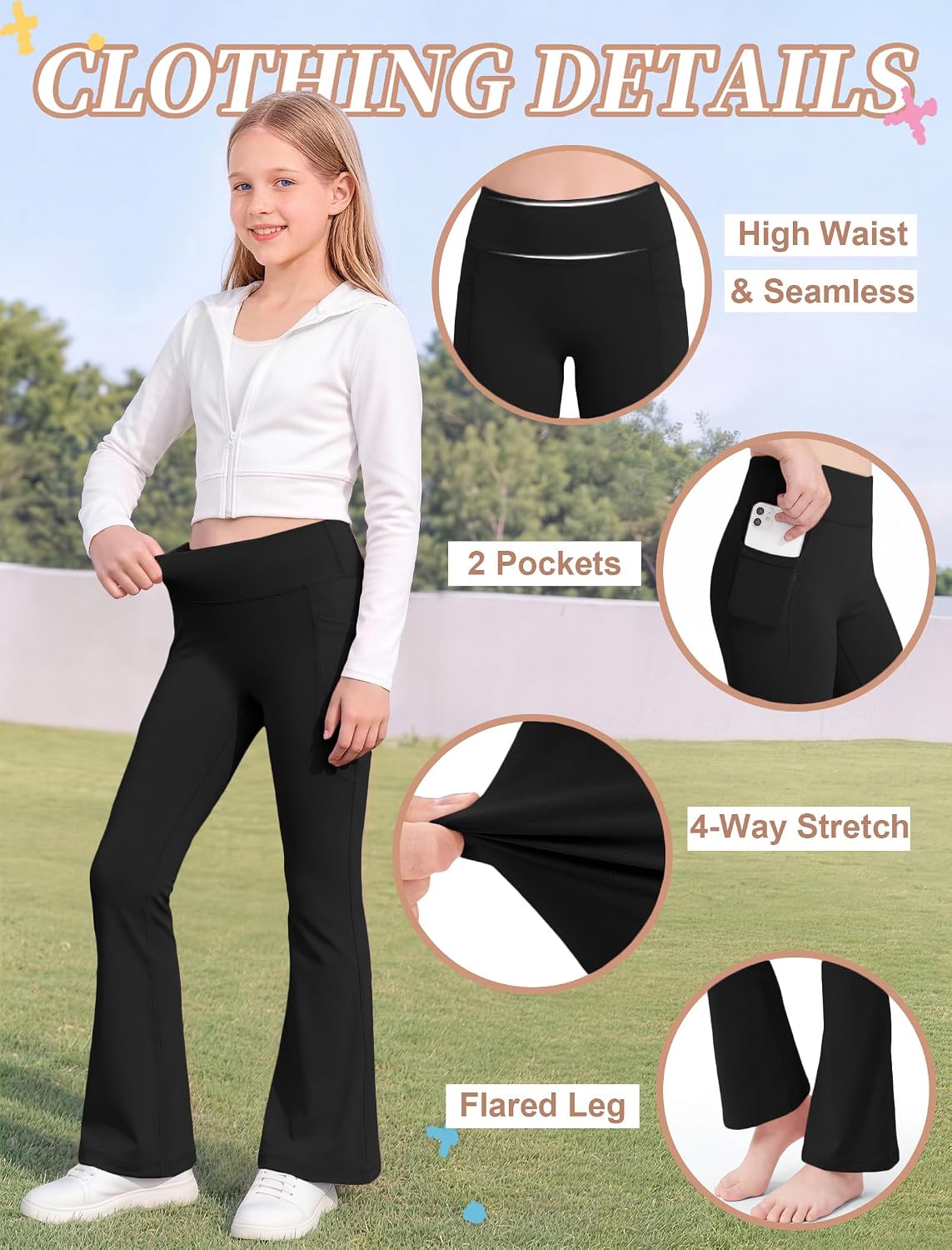 COPYLEAF Girls Flared Leggings with Pockets High Waisted Yoga Pants Fashion