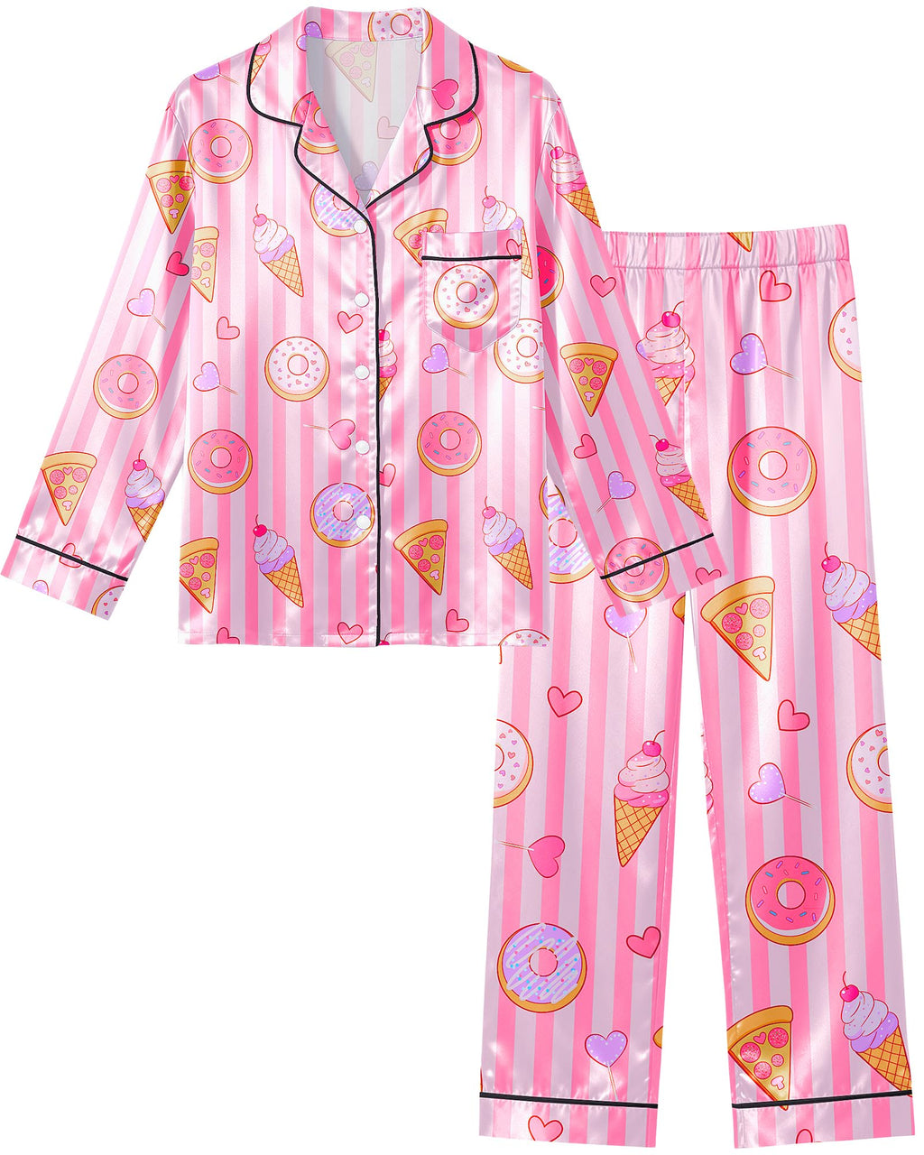 Sylfairy Pajamas Cute Girls Silk Pj Set Long Sleeve and Pants Button Down Sleepwear Lounge Sets for Kids