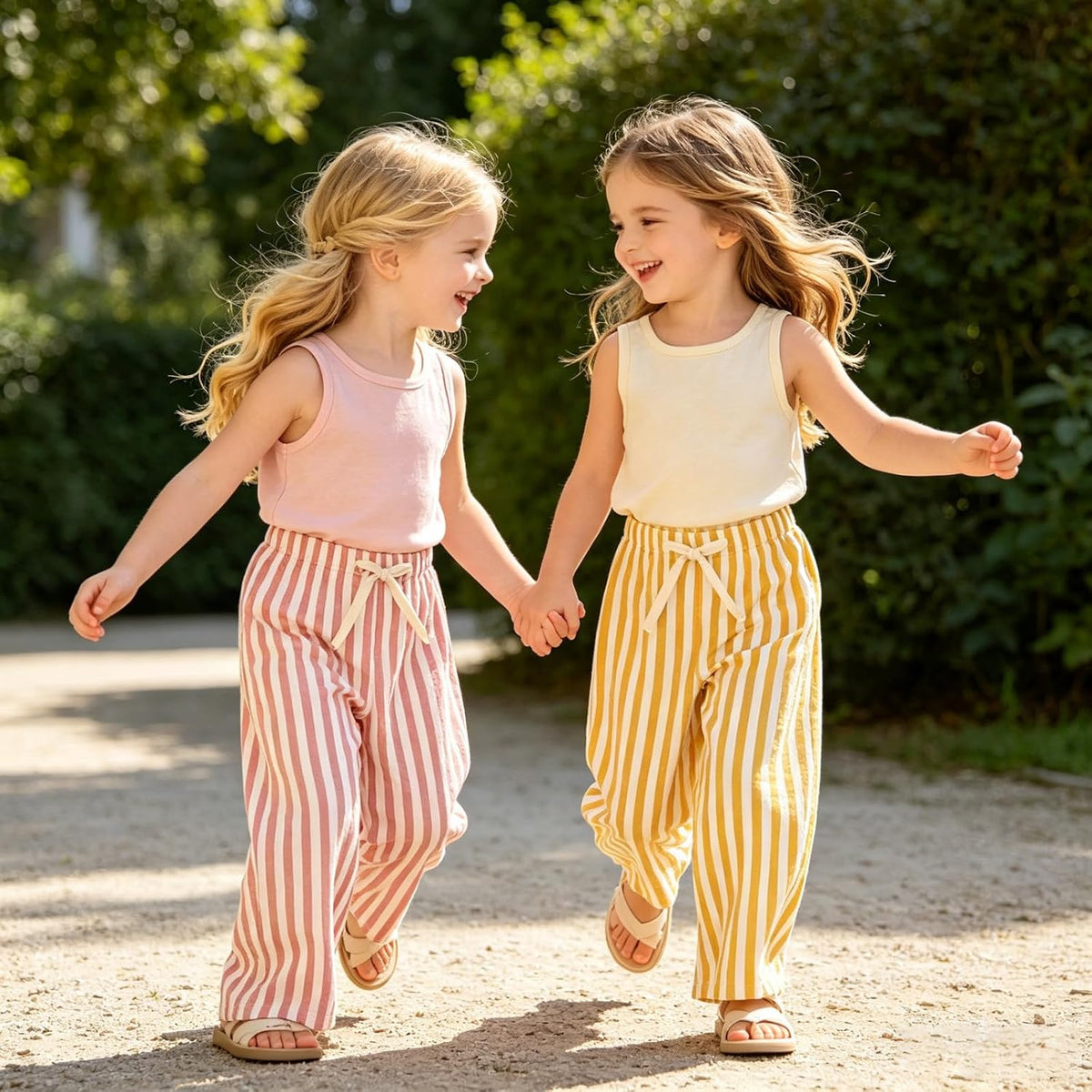 CM C&M WODRO Toddler Boy Girl Pants 2 Pack Stripes Elastic Waist Wide Leg Kids Summer Fall Lightweight Cotton Pants Trousers