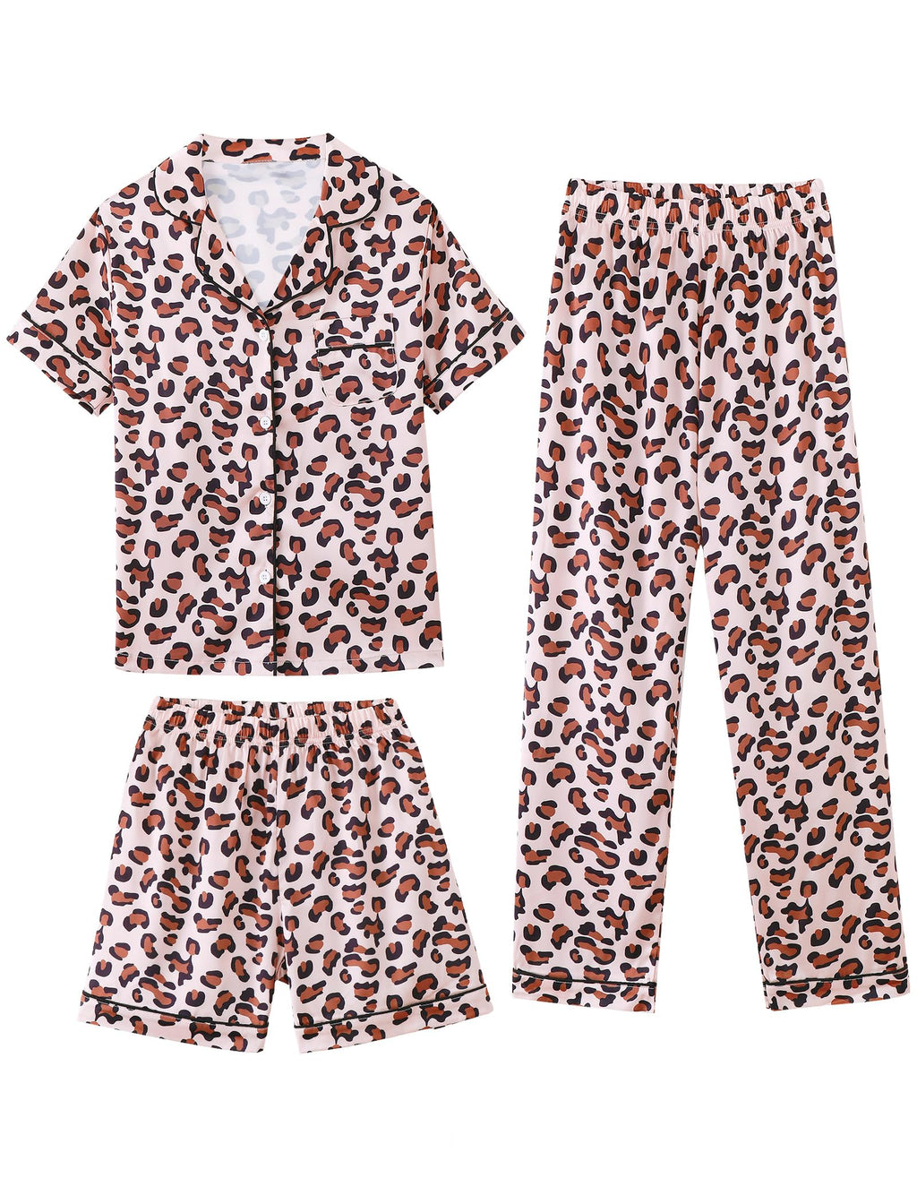 Mikrdoo 3 Piece Girls Silk Satin Pajamas Set Soft Lightweight Button Down Pjs Sleepwear for Kids Size 6-16 Years