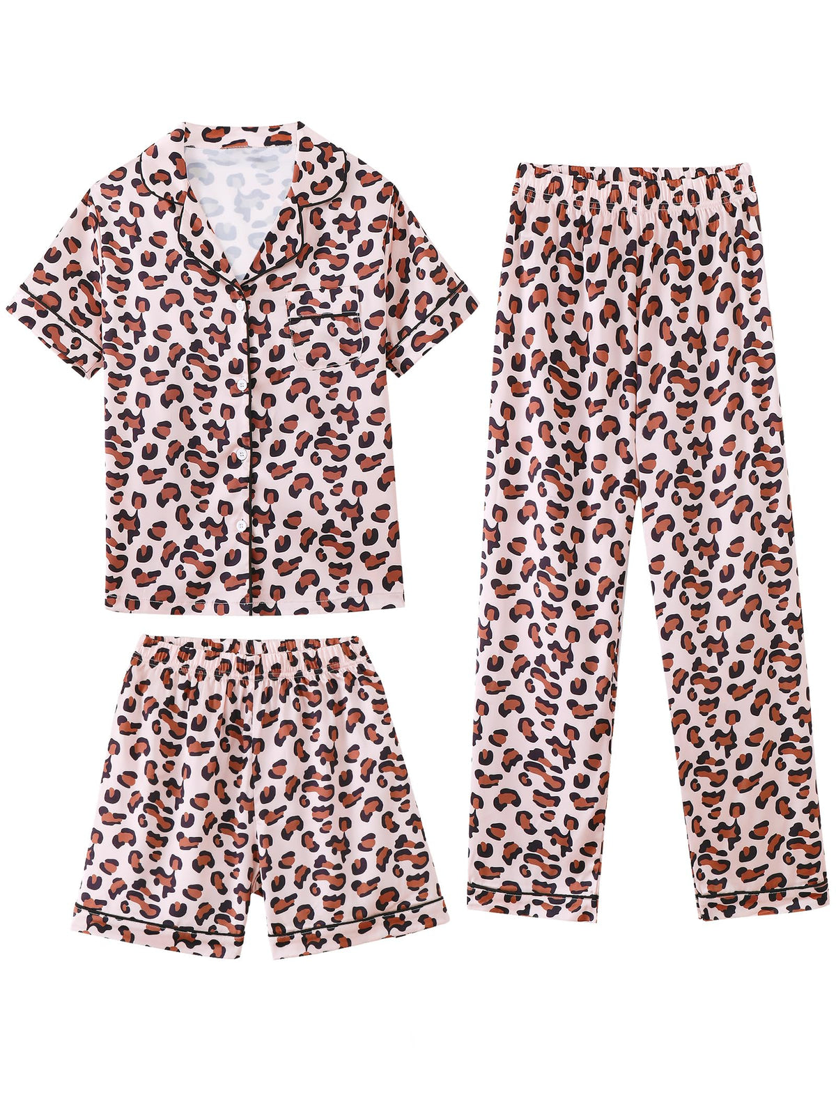 Mikrdoo 3 Piece Girls Silk Satin Pajamas Set Soft Lightweight Button Down Pjs Sleepwear for Kids Size 6-16 Years