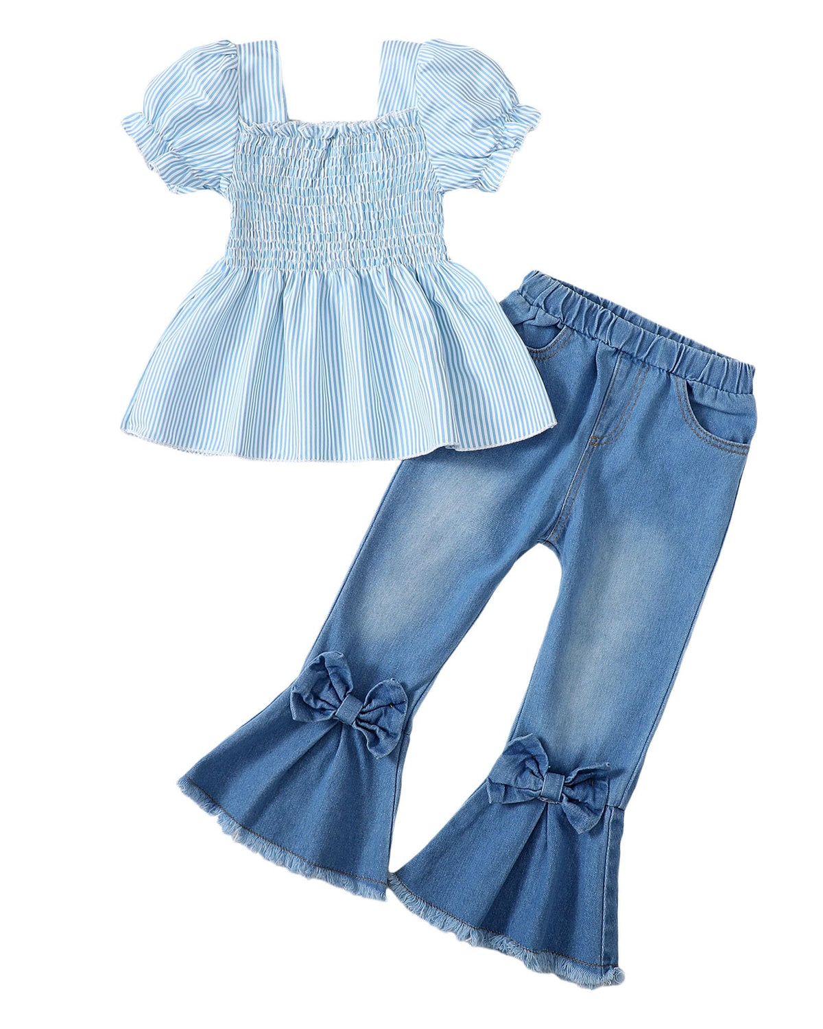 Kucnuzki Girls Clothes 2 Piece Outfits Denim Flare Jeans Short Sleeve Top