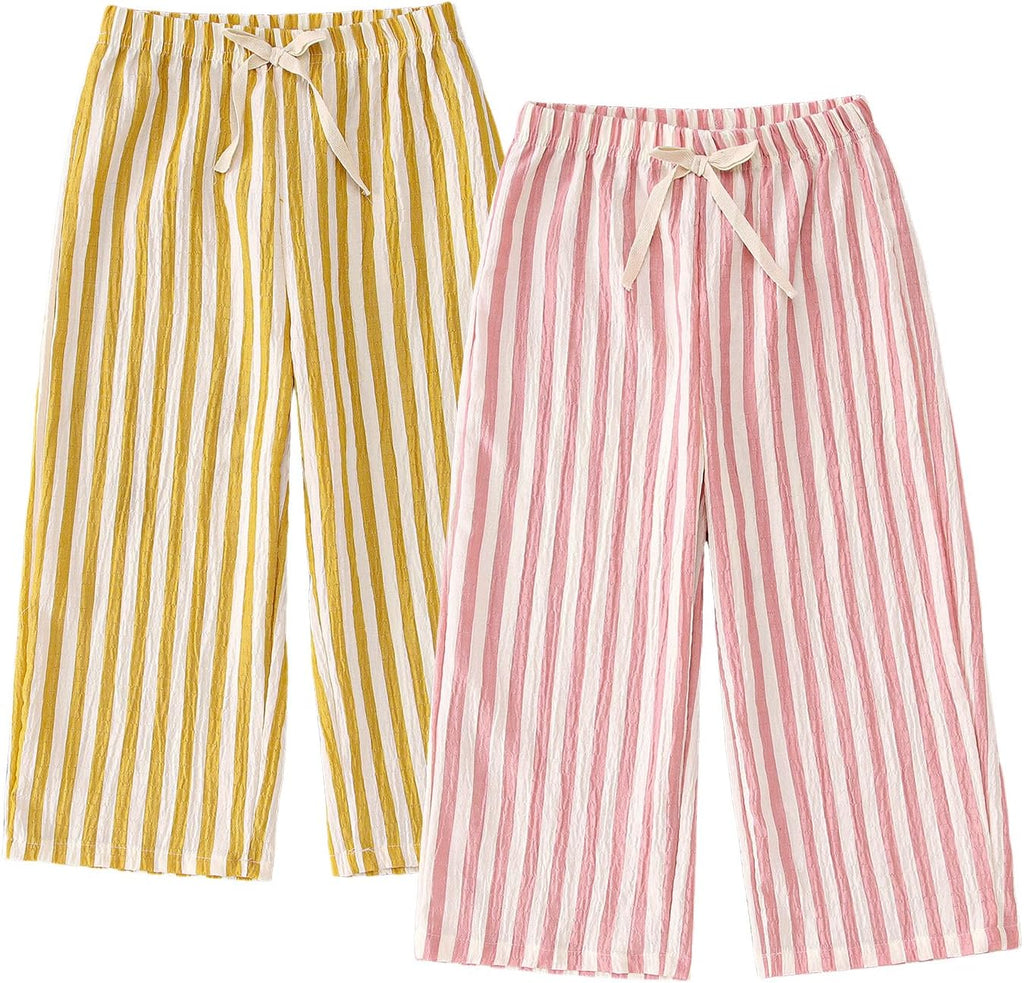 CM C&M WODRO Toddler Boy Girl Pants 2 Pack Stripes Elastic Waist Wide Leg Kids Summer Fall Lightweight Cotton Pants Trousers