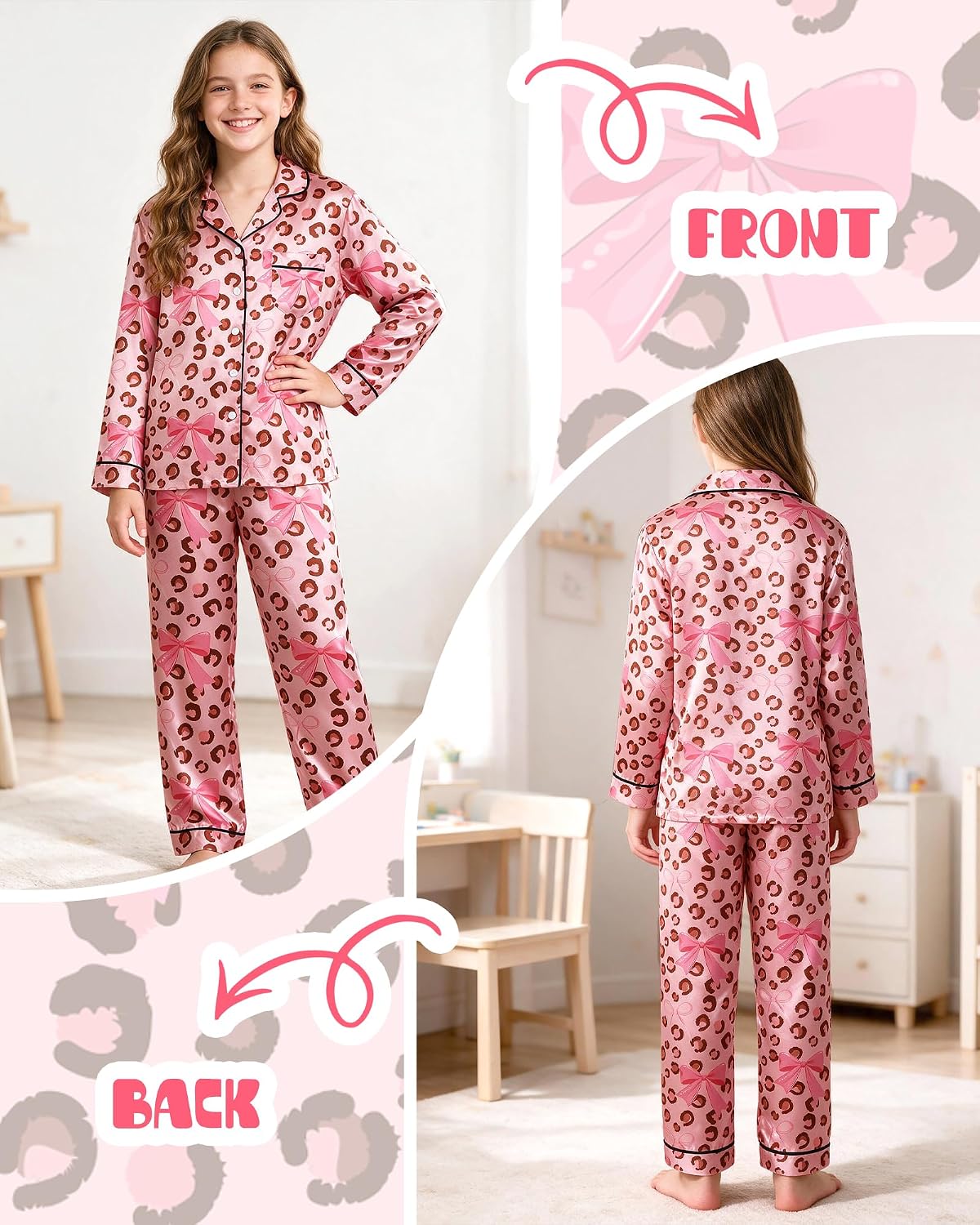 Sylfairy Pajamas Cute Girls Silk Pj Set Long Sleeve and Pants Button Down Sleepwear Lounge Sets for Kids