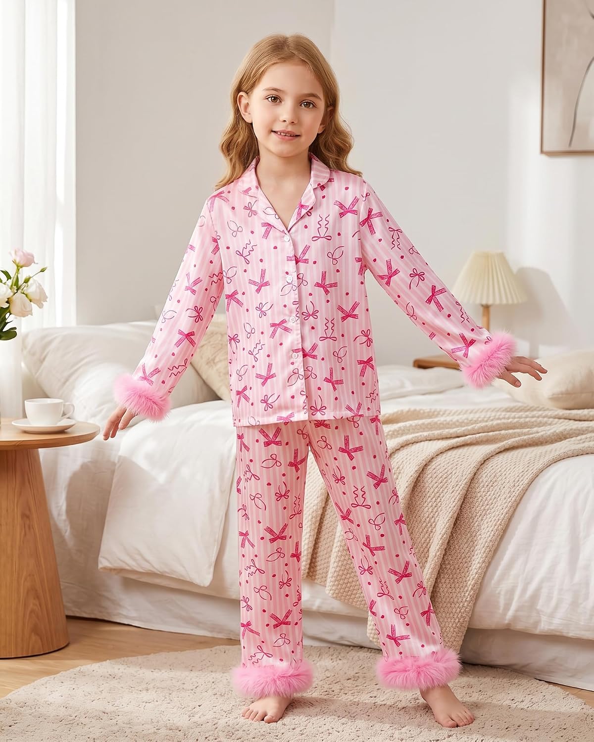 CARETOO Girls 2 Piece Pajamas Set Satin Sleepwear Long Sleeve Jammies for Kids Button-Down Nightwear Loungewear 4-12 Years