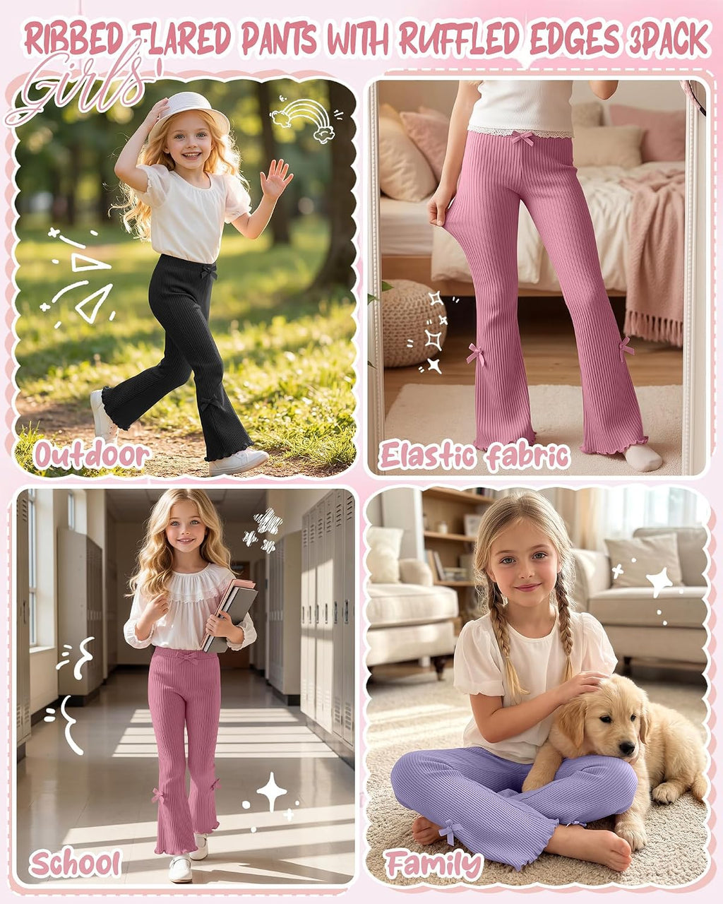 3 Pack Girls Flare Leggings Kids Bell Bottoms