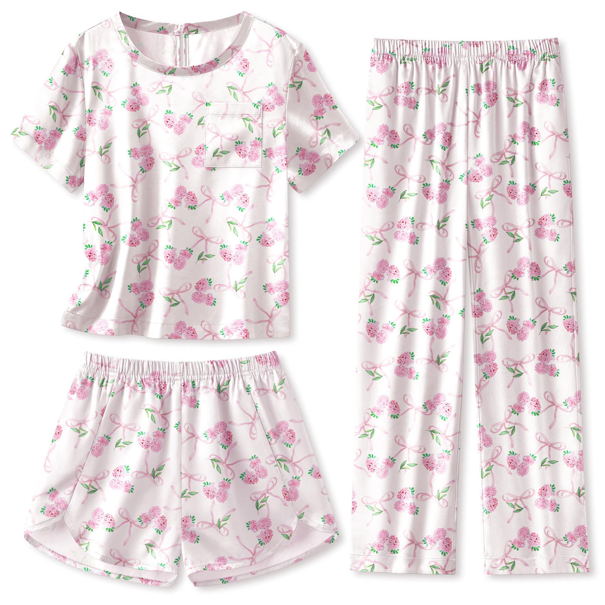 Arshiner Silky Girls Pajamas 3 Pcs Satin Short Sleeve Pjs Sleepwear Sets
