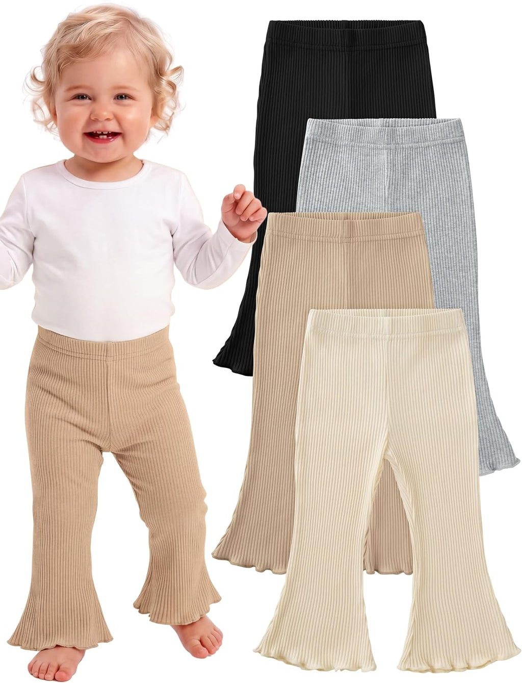 4 Pack Girl Flare Pants Ribbed Bell Bottom Leggings Soft Cotton