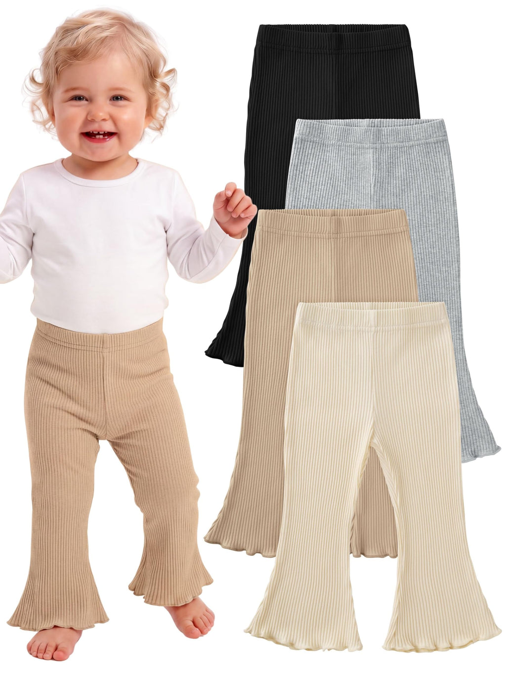 4 Pack Girl Flare Pants Ribbed Bell Bottom Leggings Soft Cotton