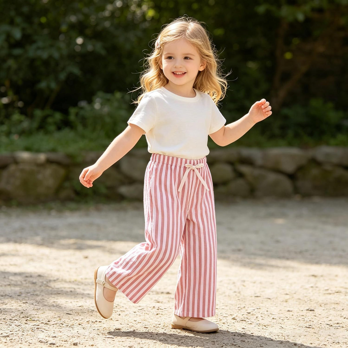 CM C&M WODRO Toddler Boy Girl Pants 2 Pack Stripes Elastic Waist Wide Leg Kids Summer Fall Lightweight Cotton Pants Trousers