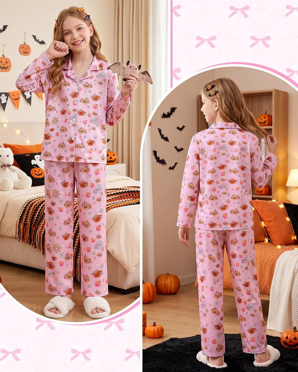 CARETOO Girls Pajamas Set Soft Button-Down Long Sleeve Pjs Set Size 5-14