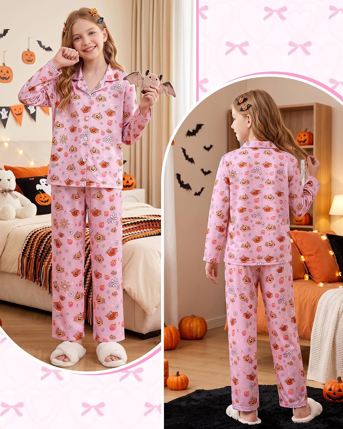 CARETOO Girls Pajamas Set Soft Button-Down Long Sleeve Pjs Set Size 5-14