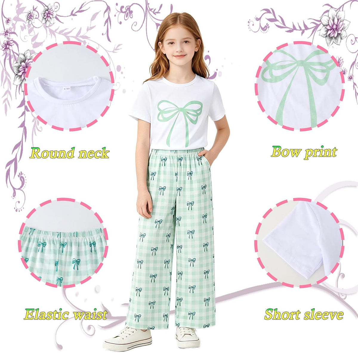Tween Girls Cute Clothes Bow Print Solid Top + Matching Bow Gingham Pants Outfit Set 9-16 Years