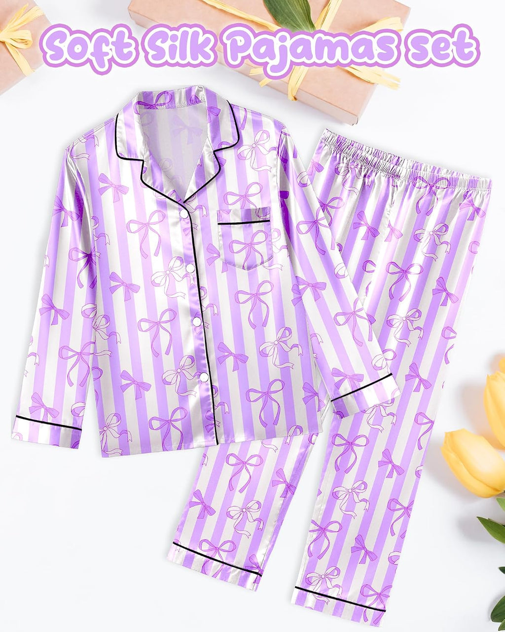 Sylfairy Girls Pajamas Silk PJS Set Satin Sleepwear Long Sleeve Jammies for Kids Button-Down Nightwear Loungewear 3-16 Years