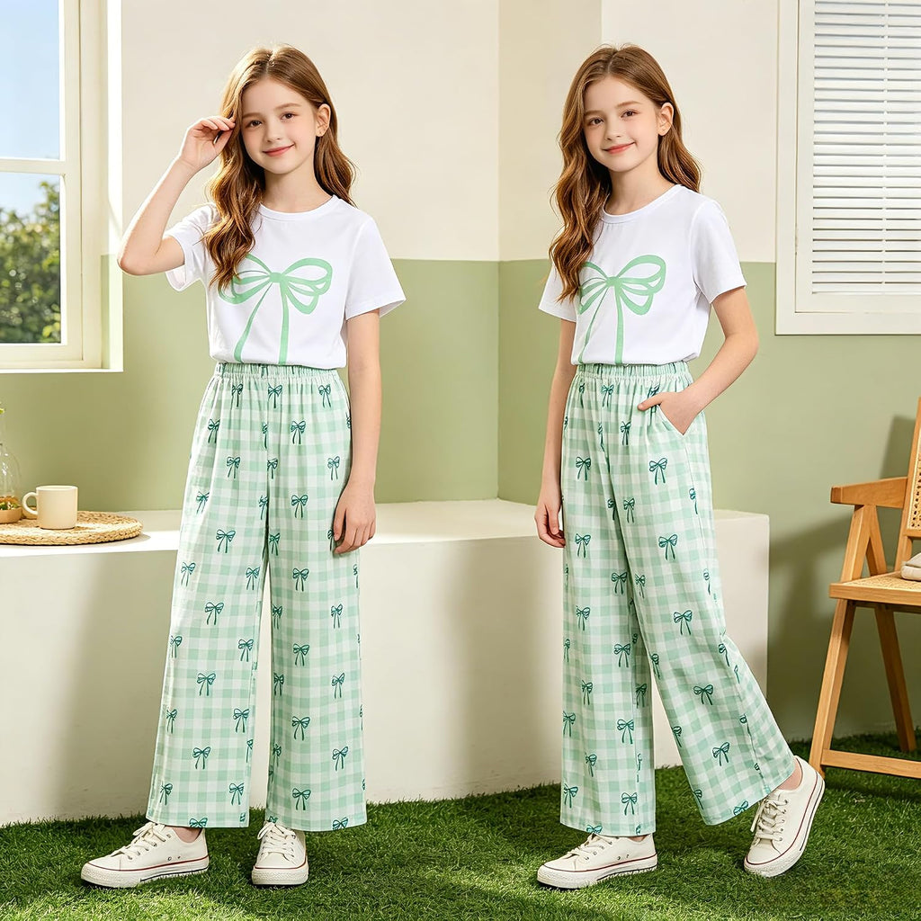 Tween Girls Cute Clothes Bow Print Solid Top + Matching Bow Gingham Pants Outfit Set 9-16 Years