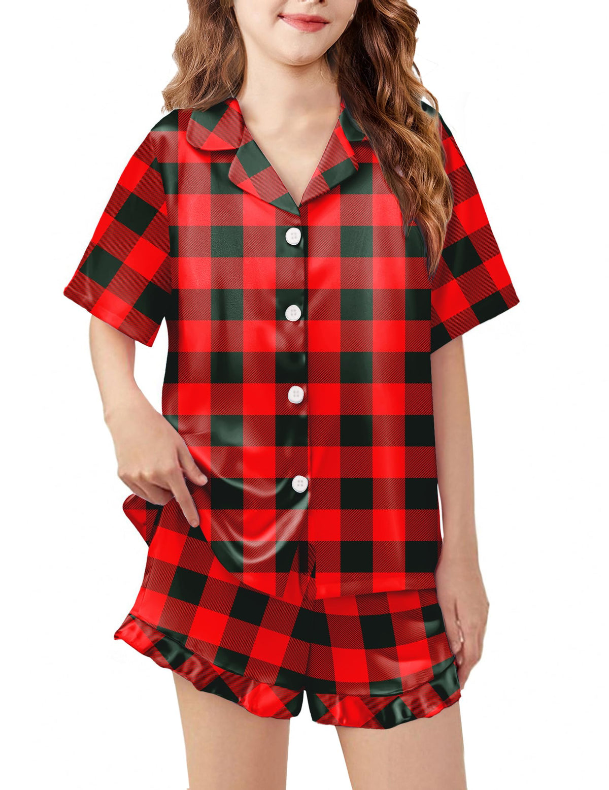 Arshiner Girls Pajamas Satin Pajama Set Silky Button Pjs Ruffle Sleepwear
