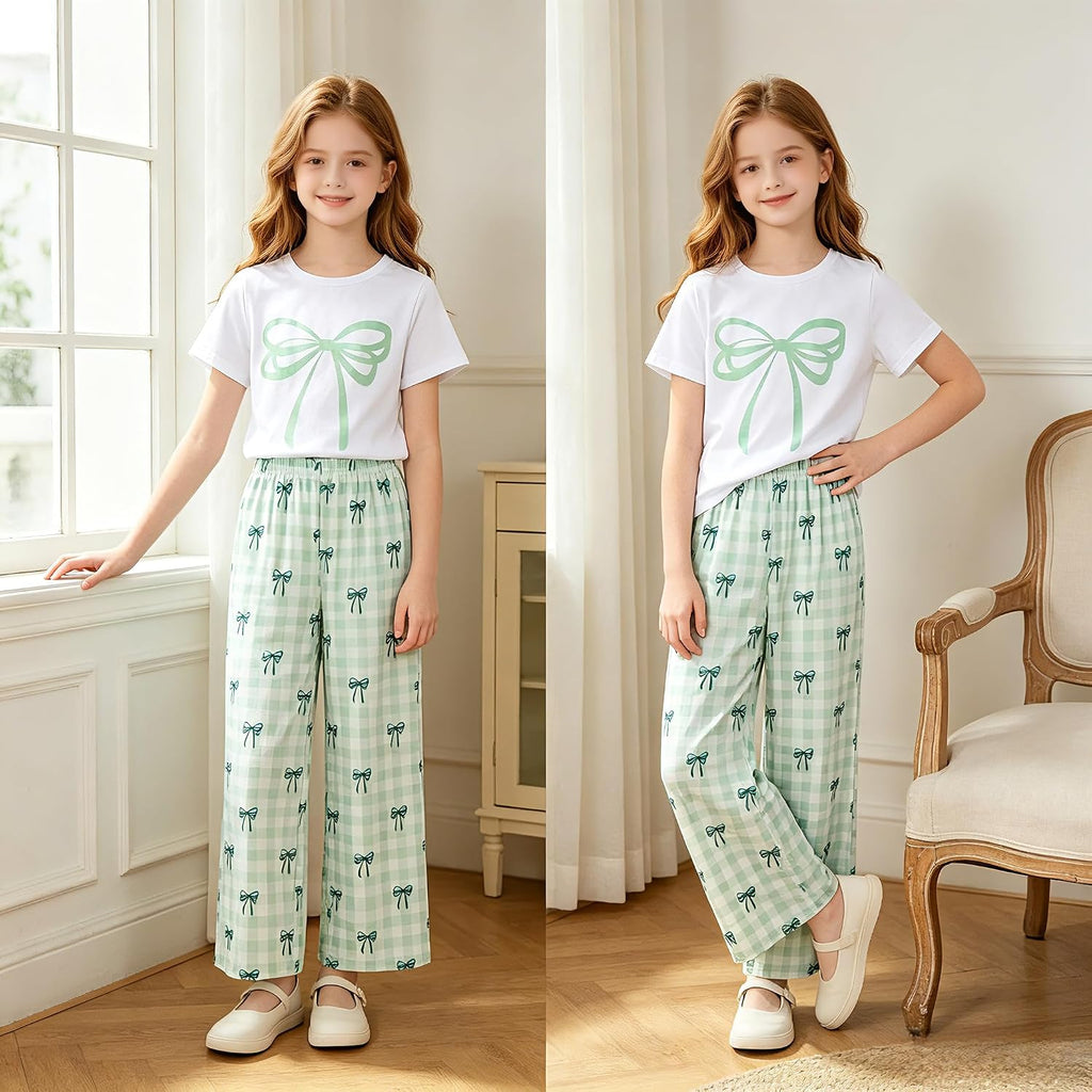 Tween Girls Cute Clothes Bow Print Solid Top + Matching Bow Gingham Pants Outfit Set 9-16 Years