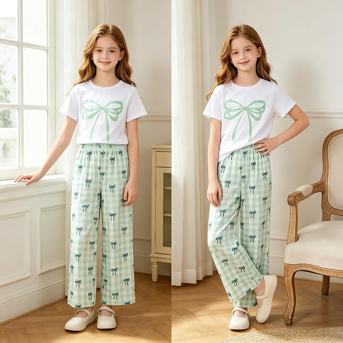 Tween Girls Cute Clothes Bow Print Solid Top + Matching Bow Gingham Pants Outfit Set 9-16 Years