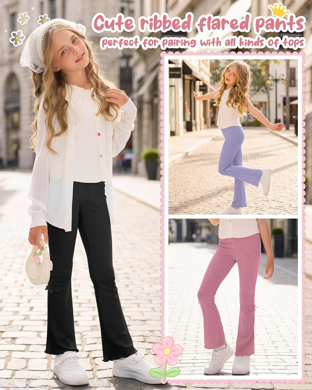 3 Pack Girls Flare Leggings Kids Bell Bottoms