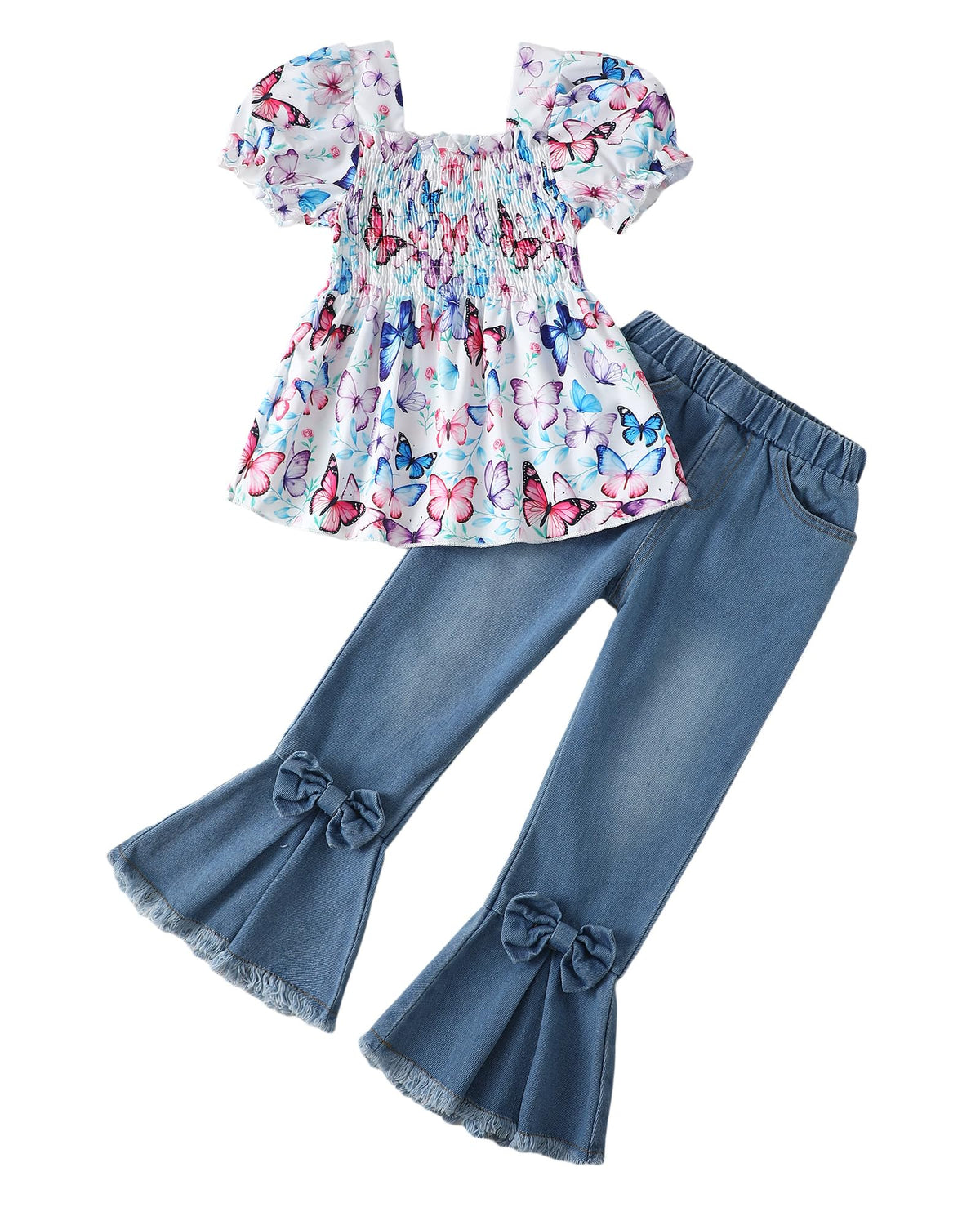 Kucnuzki Girls Clothes 2 Piece Outfits Denim Flare Jeans Short Sleeve Top