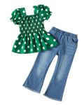 Kucnuzki Girls Clothes 2 Piece Outfits Denim Flare Jeans Short Sleeve Top