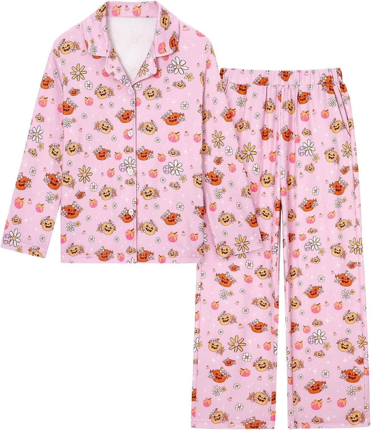 CARETOO Girls Pajamas Set Soft Button-Down Long Sleeve Pjs Set Size 5-14